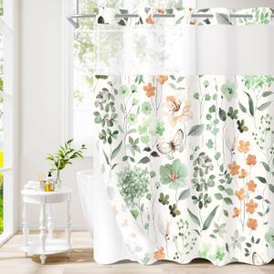 Litabel No Hook Sage Green Watercolor Floral Shower Curtain and Liner Set, Flower Shower Curtains with Snap in Liner for Farmhouse Bathroom Decor, Modern Botanical Bathroom Curtain with Leaves, 72x74