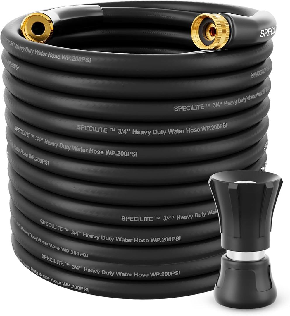 SPECILITE 3/4" Garden Hose 200 ft with High Flow Nozzle, Heavy Duty Flexible Hybrid Rubber Water Hose for Outdoor, Lightweight, Leak-Proof, No-Kink, 3/4"Brass Fittings,Black