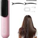 Go Brush-Pro for Short Hair, Hair Straightener Brush, Ionic & Ceramic Technology, 4 Temperature Settings, Anti-Frizz Styling (Pink)