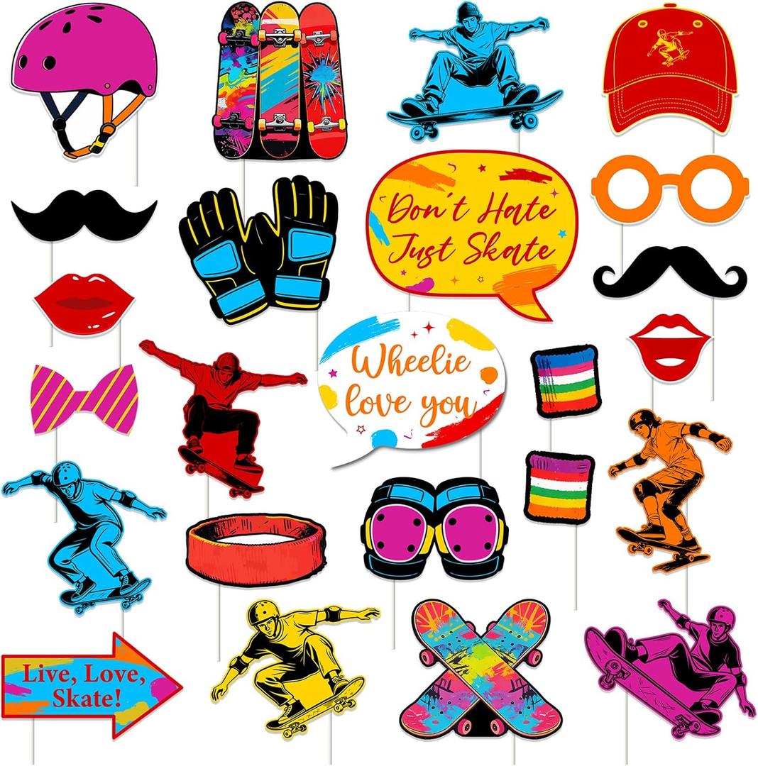 24Pcs Colorful Skateboard Photo Booth Props Kit with Sticks and Adhesive Dots, Neon Skate Party Decorations for Birthday Celebration, Skateboard Theme Table Centerpiece for Boys Girls Teens