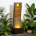 Curved Waterfall Fountain with LED Lights, Tall Indoor Outdoor Floor Water Feature, Modern Resin Cascade Fountain for Patio, Backyard, Porch & Home Decor, 38.6 Inch