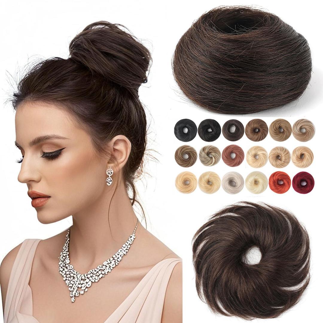 Fullart Human Hair Bun Hair Piece #02 Dark Brown 1 Count 100% Real Human Hair Natural Curly Tousled Smooth Stretchy Fluffy Hair Piece for Preschool Children Ponytail Extensions