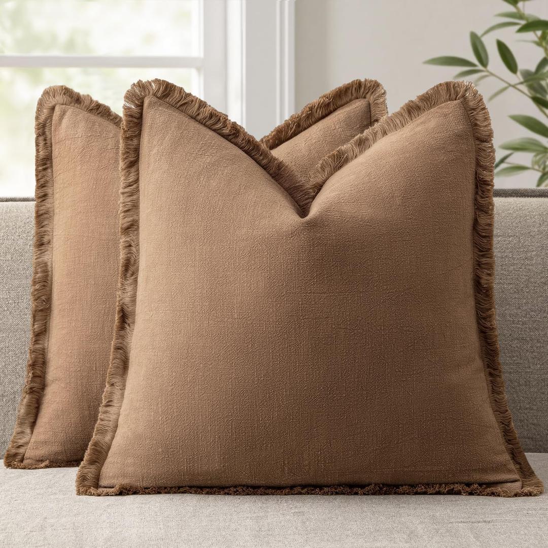 ANRODUO Set of 2 Decorative Throw Pillow Covers 1818 Inch Soft Linen Fringe Farmhouse Boho Vintage Cushion Covers with Tassels Accent Pillowcase for Couch Sofa Bed Living Room Fall Home Decor Brick