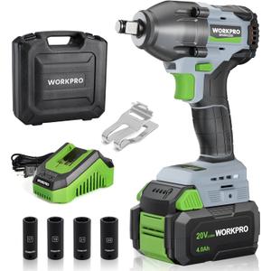 WORKPRO Cordless Impact Wrench 1/2 inch, 20V Brushless Impact Gun, High Torque 370 Ft-Lbs (500N.M), Variable Speeds, with 4.0 Ah Battery, Fast Charger, 4 Impact Sockets and Storage Case