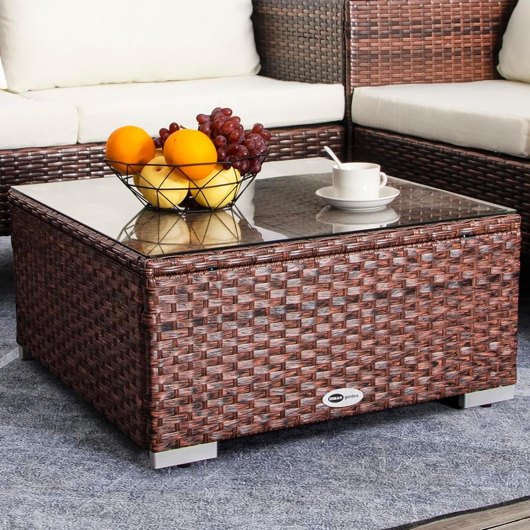 DIMAR GARDEN Outdoor Coffee Table Wicker Patio Side Table with Glass Top, 25.2in Mixed Brown