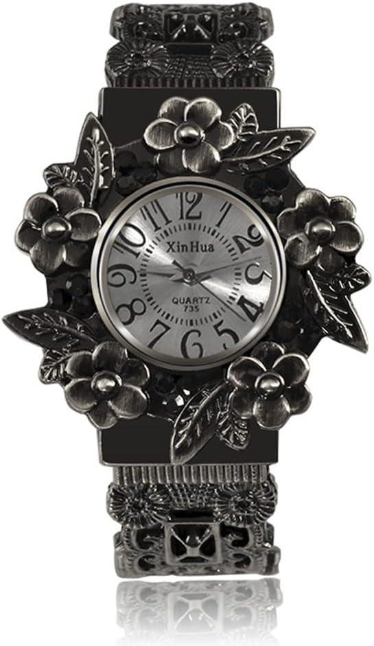 Weicam Women Vintage Cuff Bangle Bracelet Watch Carved Flowers Analog Quartz Wrist Watch