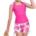 Size 7-16 Years Girls Slim Fit Swimsuit 2 Piece Halterneck Tankini Swimsuit Drawstring Printed Swim Shorts (Pink, 11-12Y)