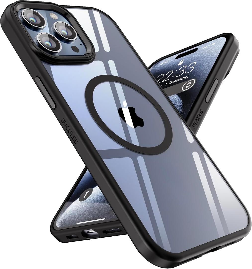 SUCGLES for iPhone 15 Pro Max Case with MagSafe, N56 Ultra Strong Magnet, 12FT Drop Protection, Anti-Yellowing, Magnetic Slim Phone Case, Black
