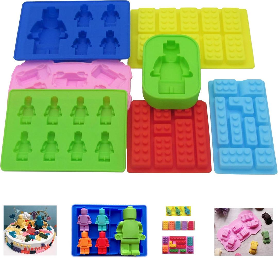 Chocolate Candy Silicone Mold, Building Blocks Ice Tray, Robots and Cars Fondant Mold with Children Party Drawstring Gift Bag-Easy to Use and Clean
