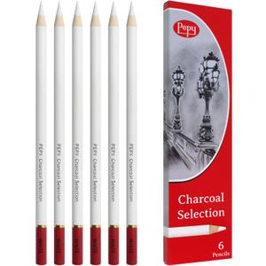 Pepy Professional White Charcoal Pencil Set  Set of 6 Pre-Sharpened White Charcoal Pencils; Perfect for Drawing, Sketching, Blending and Shading