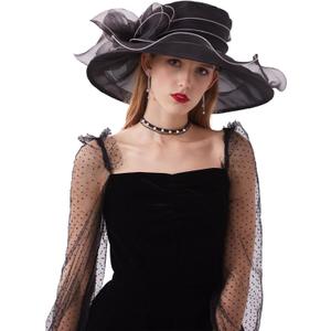 2025 Kentucky Derby Hats for Women- Organza Church Hat Fascinator Hat for Tea Party Bridal Wedding Hat Wide Brim Sun Hat (Style2-black With White Border)