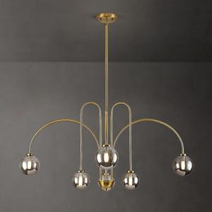 Modern Sputnik Globe Chandelier, 6-Light Brass Gold Linear Chandeliers for Dining Room and Kitchen Island, Mid Century Light Fixture Over Table, (Smoke Grey Glass Bubble Shades, 40 Inch)