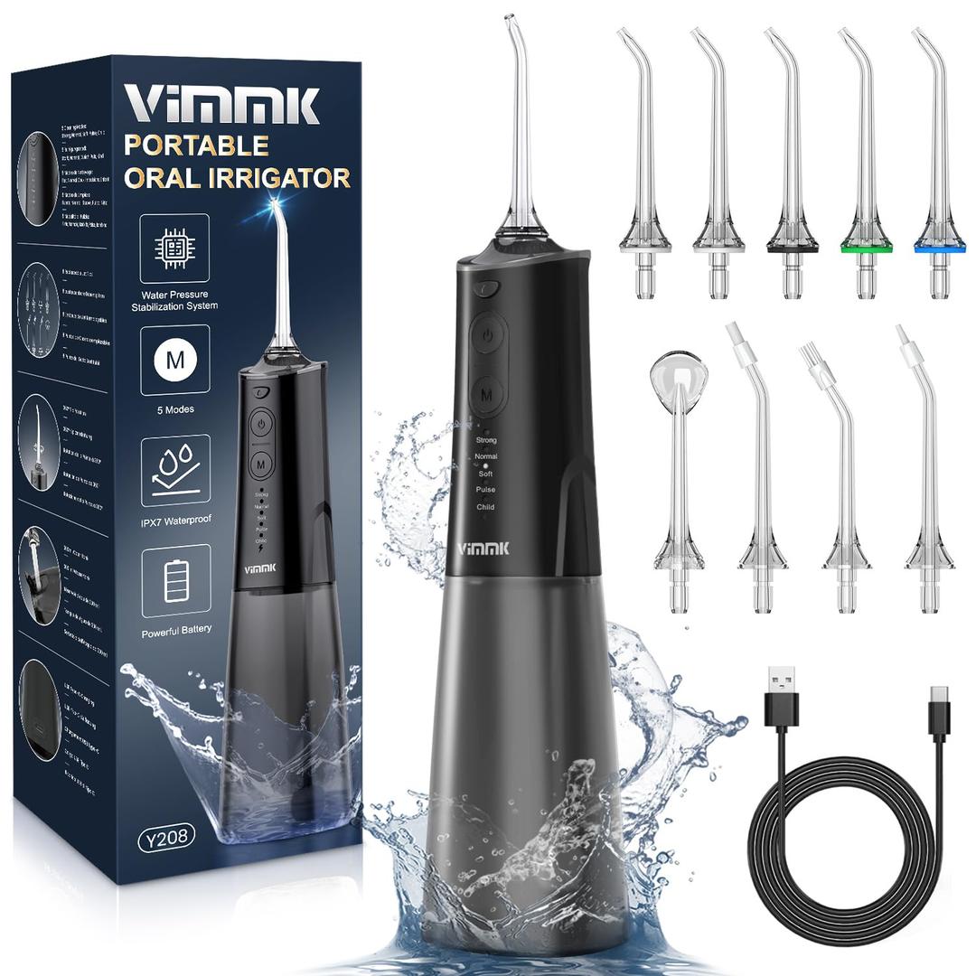 VIMMK Water Flosser, Cordless Water Dental Flosser, 9 Jet Tips 5 Modes 300ML IPX7 Waterproof, Portable Rechargeable Oral Irrigator for Home Travel - Gums, Orthodontic, Braces Care