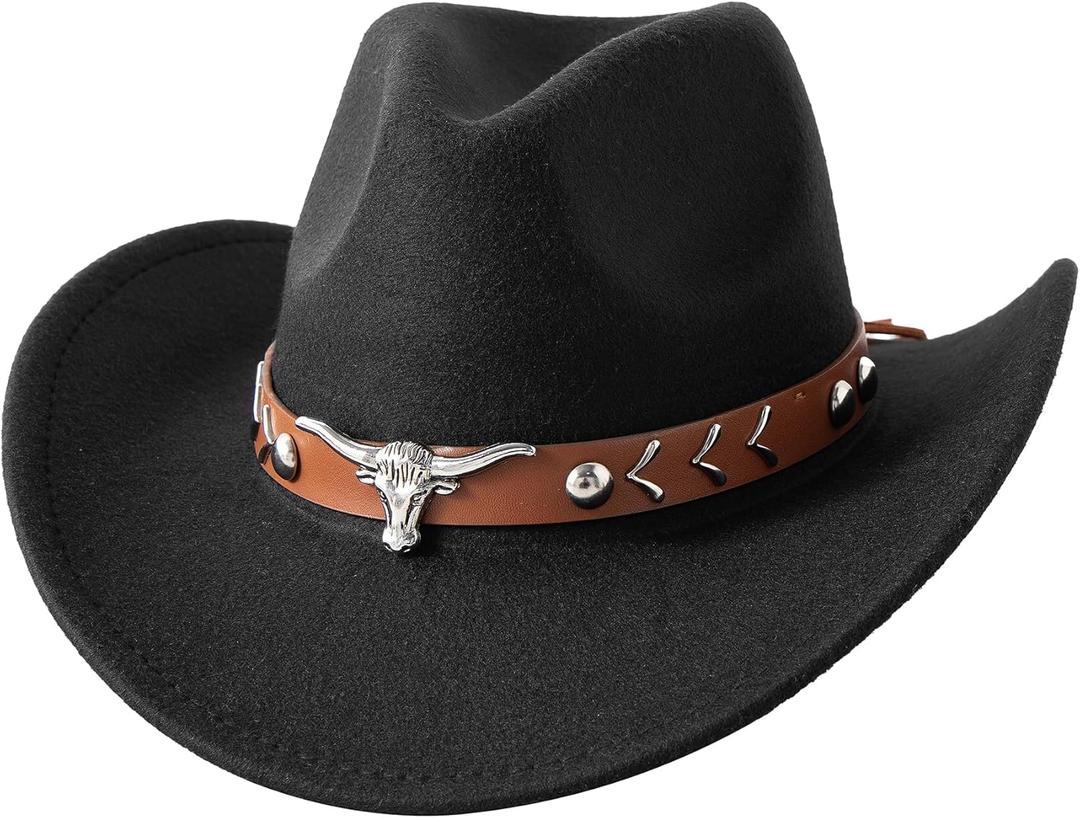JOYEBUY Western Cowboy Hat for Kids Boys Girl Classic Roll Up Fedora Hat with Buckle Belt (6-10 Years, Black)