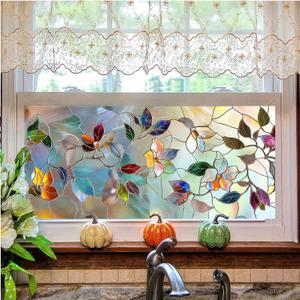 Floral Privacy Window Film 39.317.7 Inch Rainbow Window Film PVC Stained Glass Sticker Static for Glass Door Home and Office Bedrooms Home Decorations Anti-UV Sun