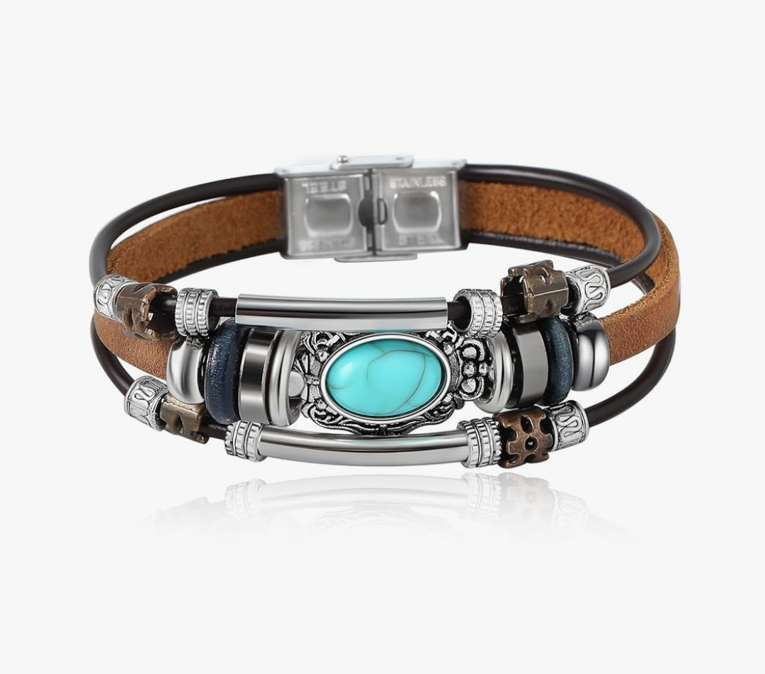 Bohemian Ethnic Turquoise Stackable Leather Bracelet for Men Women