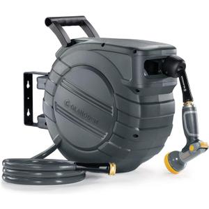 Retractable Garden Hose Reel 1/2 in x 50 ft Metal Bracket, 2025 Upgraded Dual Ratchet Lock UV & Freeze Protection Brass Seal Slow Retraction Anti-Tangle Hose 180Swivel