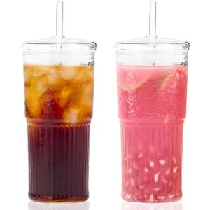 GOSCHE Glass Cups with Lids and Straws, 20oz Glass Cups Drinking Jar, Clear Iced Coffee Cups, Vintage Ripple Glass Tumbler for Water Coffee Tea, Clear, 2Pcs
