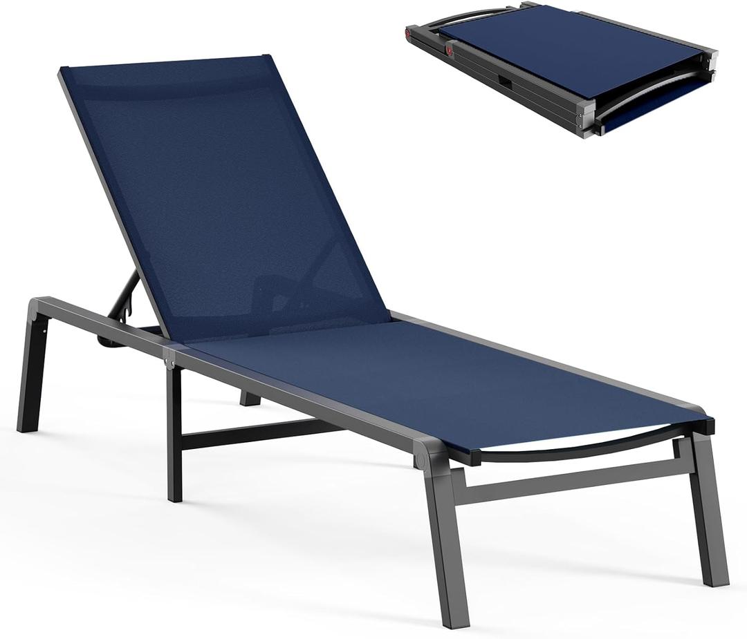 Aluminum Chaise Lounge Ourdoor - Foldable & Assemble Free Outdoor Lounge Chair with 5 Adjustable Backrest, Patio Lounge Chair for Outside Poolside Beach Pool, Navy Blue (1 Pack)