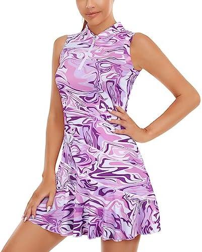 Misyula Tennis Dresses for Women,Athletic Dress with Shorts 2Pockets Zip Up Polo Sleeveless Golf Workout Dress-XL