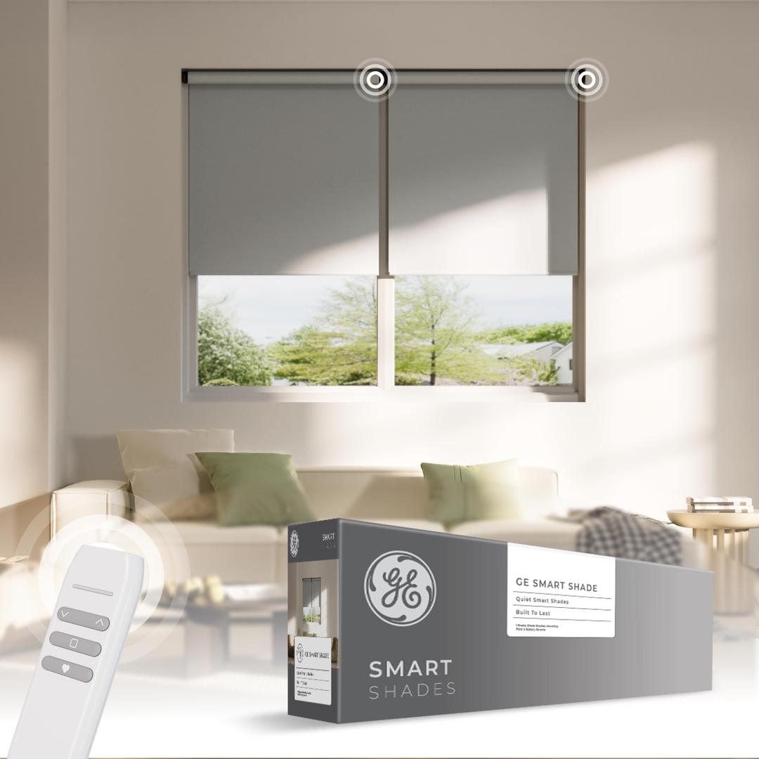 GE Smart Shades Motorized Roller Shade, Blackout Grey, 38-in, Black