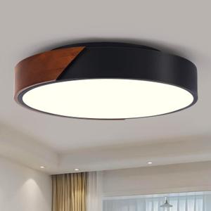 Modern Black Flush Mount Ceiling Light, Wood 3-Light Fixtures, Round Ceiling Lights for Hallway, Kitchen, Bathroom, Living Room, Bedroom, Office(16.5 in)