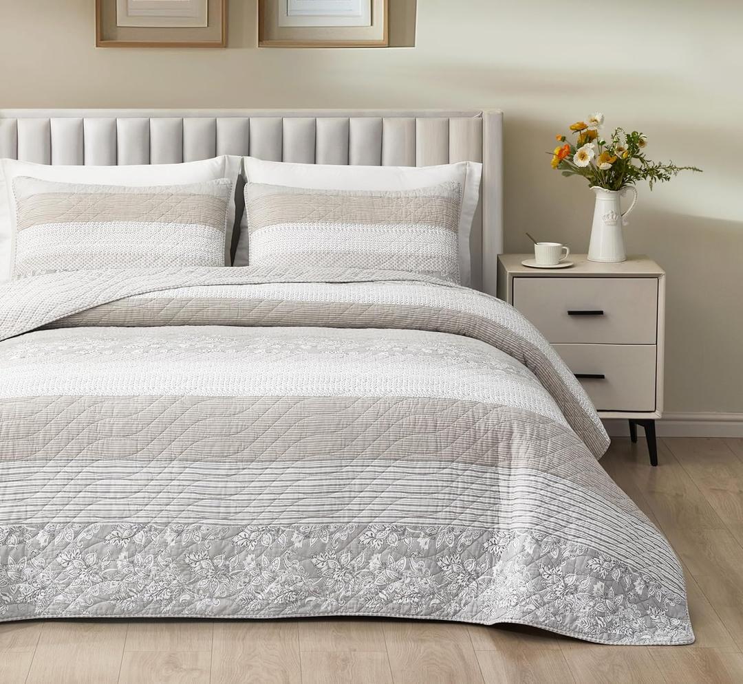 Chezmoi Collection Robyn 3-Piece Neutral Taupe Gray White Floral Hibiscus Flower Patchwork Striped Quilt Set - Pre-Washed Cotton Coverlet - Lightweight Reversible Bedspread, King Size