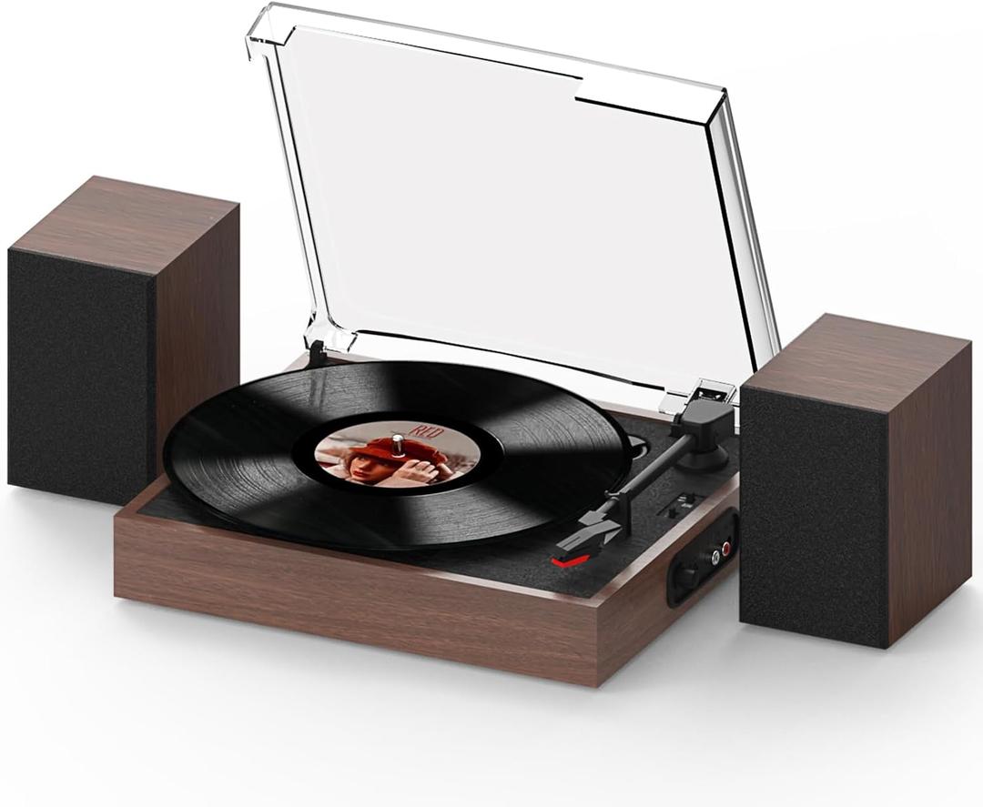 Retrolife® Record Player with 2 External Speakers, Vinyl Turntable, Walnut | 2-Speed Belt-Drive Turntable for 33/45/78 RPM Vinyl, Bluetooth Wireless Playback, Auto Stop, RCA Out