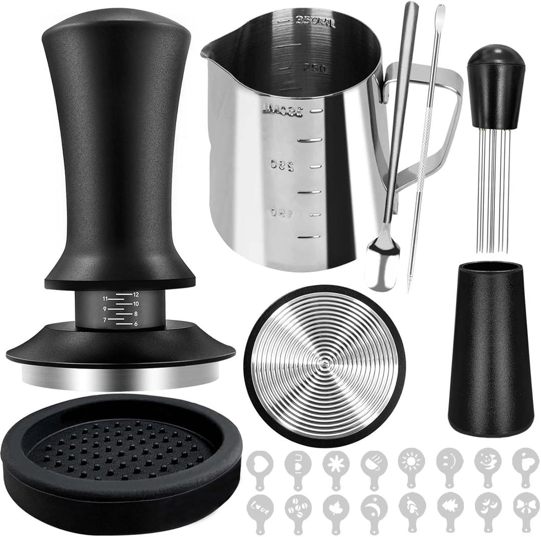 22 PCS Coffee Tamper Set, Espresso Accessories Barista Kit, with 51mm Espresso Tamper, WDT Tool, Frothing Pitcher(350 ml), Latte Art Pen, Coffee Stirrer, Tamper Mat, 16 Coffee Stencils (Black2)
