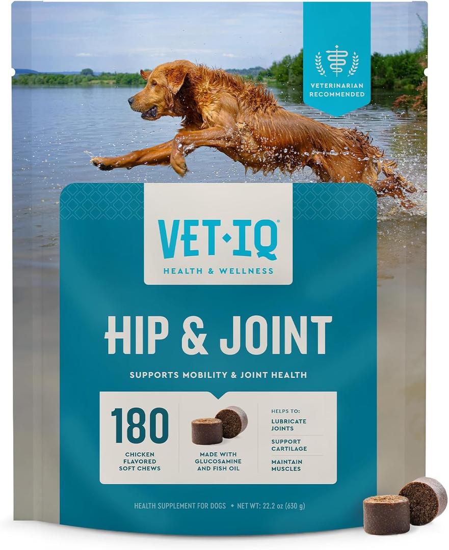 VetIQ Glucosamine Hip & Joint Supplement for Dogs, 180 Soft Chews, Dog Joint Support Supplement with MSM and Krill, Dog Health Supplies Large & Small Breed, Chicken Flavored Chewables, Best By 05/22/2027 
