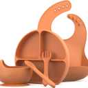 Feedi 5-Piece Silicone Baby Feeding Set by Quark - Baby Led Weaning Supplies - Toddler Plates and Bowls set - Adjustable Silicone Baby Bib with Food Catcher & Baby Utensils - Microwave/Dishwasher Safe