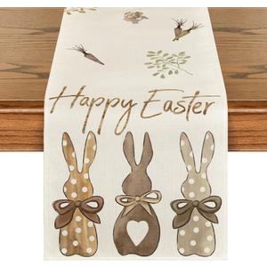 Artoid Mode Carrots Rabbit Bunny Happy Easter Table Runner, Spring Summer Seasonal Holiday Kitchen Dining Table Decoration for Indoor Outdoor Home Party Decor 13 x 36 Inch (Beige)
