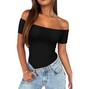 REORIA Women Sexy Off The Shoulder Short Sleeve Backless Basic Double Lined Thong Bodysuit Tops (Small, Black Onyx)