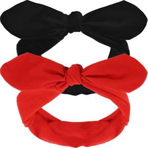 Hicarer 2 Pcs Bandana Headband for Women Retro Cotton Wide Headwrap with Bows Vintage Halloween Christmas Decor Adjustable Rabbit Ear Bow Hairband for Women(Red and Black)
