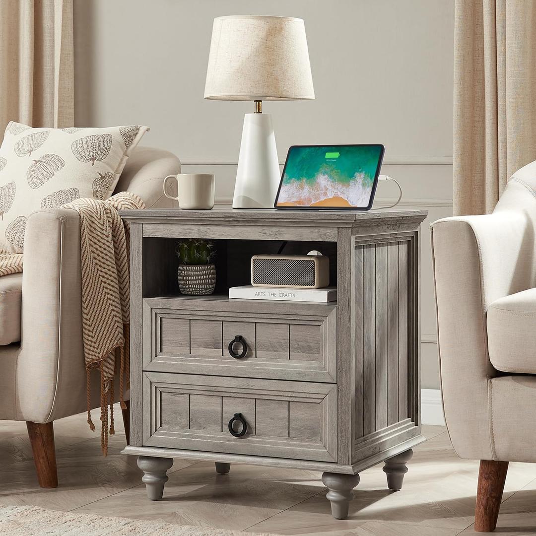 Farmhouse Nightstand with Charging Station, 22" Large End Table with 2 Drawers & Open Shelf, Rustic Wood Square Sofa Side Bedside Table w/4 Solid Wood Feet for Living Room, Bedroom, Light Rustic Oak