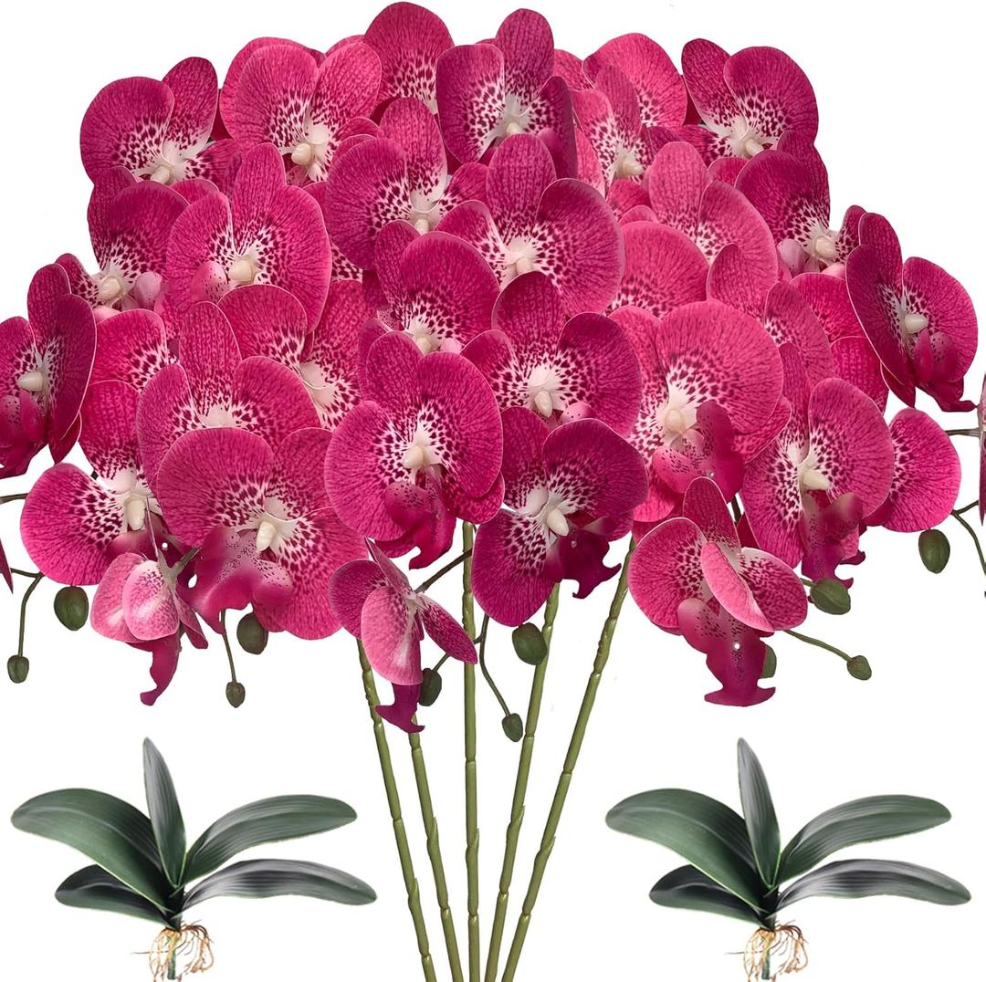 HinyoCo 5 Pcs Artificial Orchid Flowers and 2 Bundles Leaves,Artificial Phalaenopsis Flowers 32 Inch Stem Plants for Home Wedding Decoration (Rose red Spots)