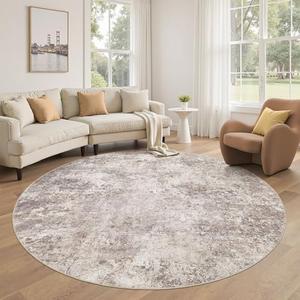 DMOYEST 6ft Round Area Rug Living Room Rugs - 6x6 Washable Large Soft Indoor Neutral Modern Abstract Low Pile Rug Carpet for Bedroom Dining Room Farmhouse Home Office - Brown