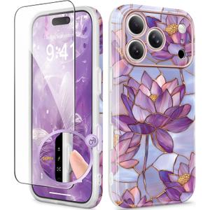 GVIEWIN for iPhone 17 Pro Case for Women, [Compatible with MagSafe] [Upgraded Full Camera Protection], Stylish Floral Shockproof Protective Phone Case for iPhone 17 Pro 6.3", Lotuses/Purple