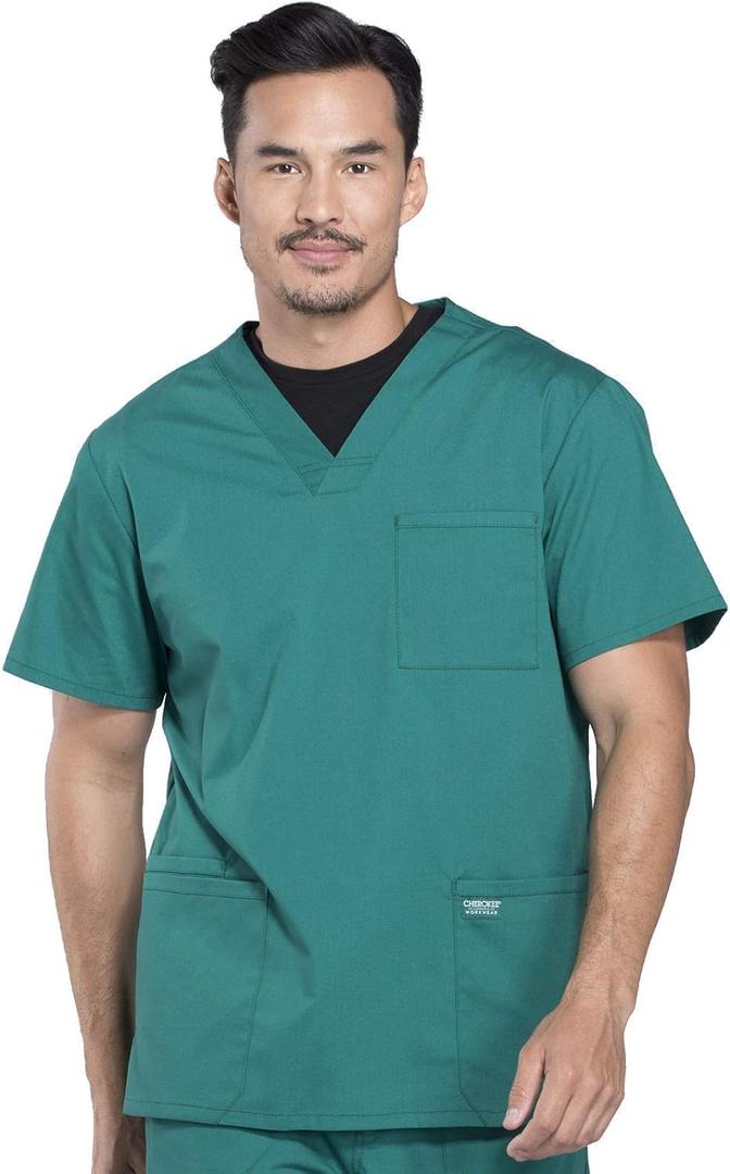 Cherokee Scrubs for Men Workwear Professionals V-Neck 4 Pocket Scrub Top WW695 (X-Large Tall, Hunter Green)