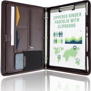 STYLIO Zipper Portfolio | Padfolio 3 Ring Binder (1") and Clipboard Folio (Removable) | Portfolio Organizer for Documents, Tablet, Phone |Faux Leather Binder for Men and Women | Walnut (Brown) Color