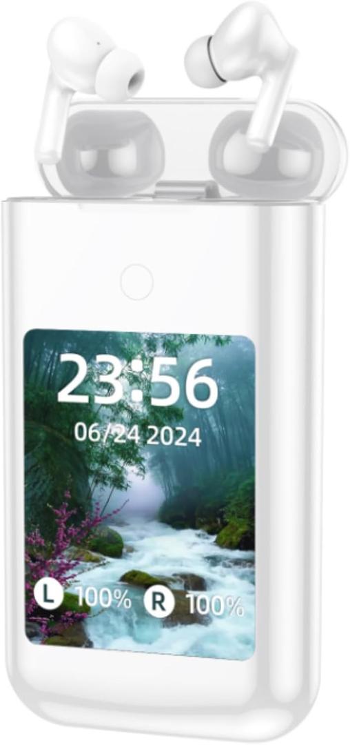 Wireless Earbuds Bluetooth 5.3 Headphones,Long Playtime Ear Buds with Mic Waterproof in Ear Earphones Charging Case with Multi Functions LED Full Color Touch Screen for Android iOS Phones Sport,White