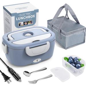 Electric Lunch Box Food Heater, 3 in 1 Ultra Quick Heated Lunch Boxes for Adults, 12V/24V/110V Portable Food Warmer for Car/Truck/Office With Fork Spoon and Insulated Carry Bag (Light Blue)