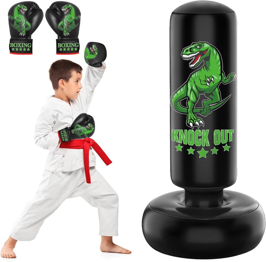 Larger Stable Dinosaur Punching Bag for Kids, 66" Tall Sports Kids Teens Inflatable Punching Bag with Boxing Gloves, Gifts for Boys & Girls Age 5-12 for Practicing Karate, Taekwondo, MMA (Green)