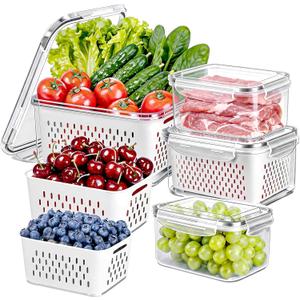 8 Pieces Fruit Storage Container for Fridge, 4Pack Plastic Fruit Containers for Fridge with Removable Colander, Container for Fruit Berry Salad Lettuce, BPA Free Kitchen Refrigerator Organizers
