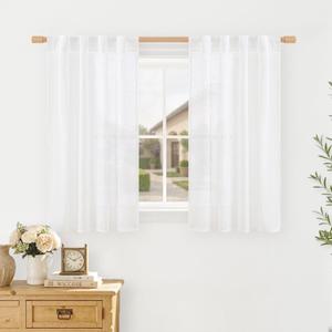 LAMIT White Linen Curtains for Kitchen Windows Over Sink 40 Inch Length, Semi Sheer Light Filtering Small Window Drapes Back Tab and Rod Pocket Short Panels for Bathroom/Cafe, 34 x 40 Inch, 2 Panels