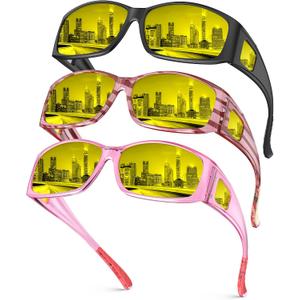 Night Vision Glasses, Fit Over Glasses Mens Womens, Wrap Around Anti Glare HD Night Vision Lens for Night Driving