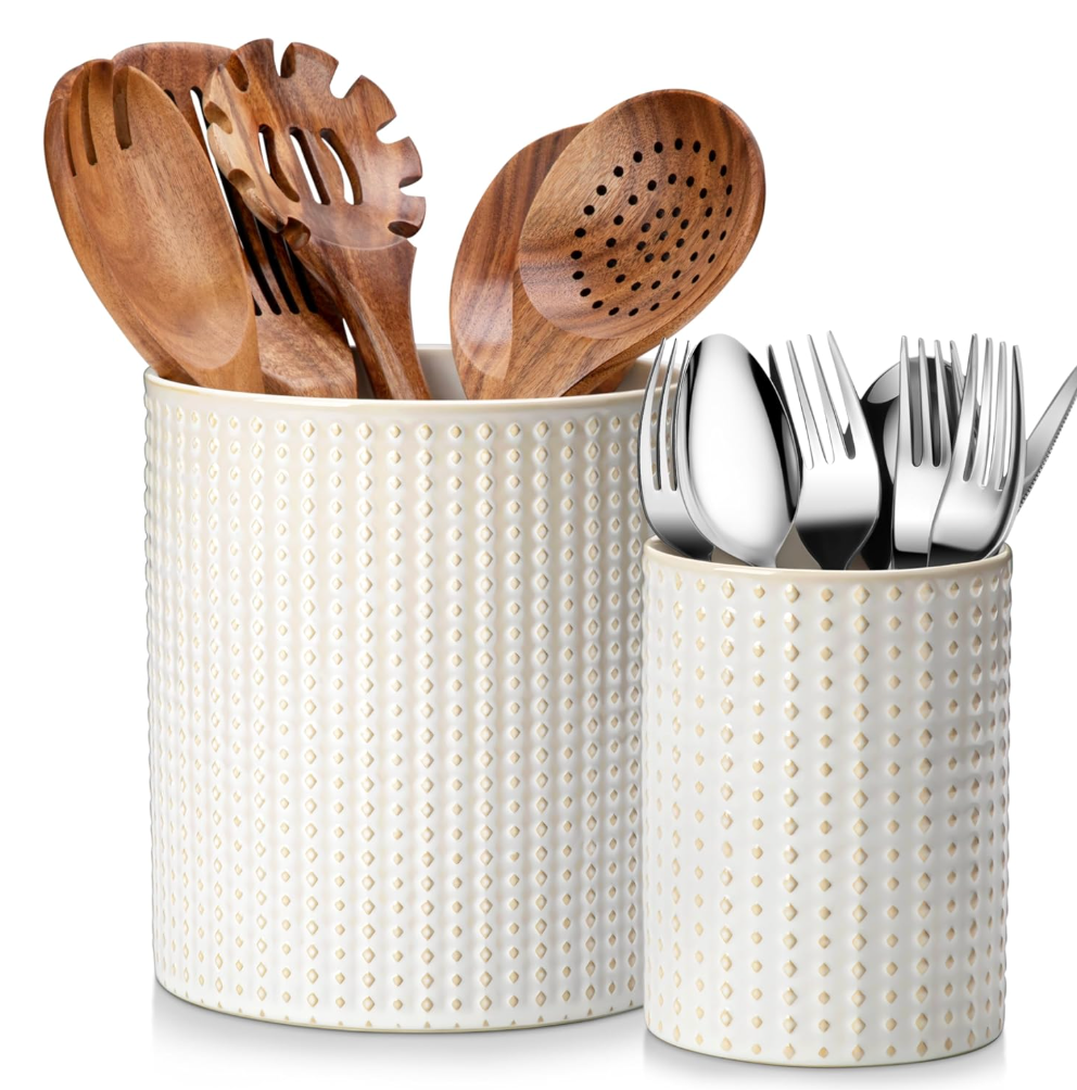 MALACASA LYDIA Ceramic Utensil Holders, 7.3"+5.5" Kitchen Utensil Crock Set for Countertop, Large & Small Utensil Organizers for Cooking Tools, Rhombus Pattern