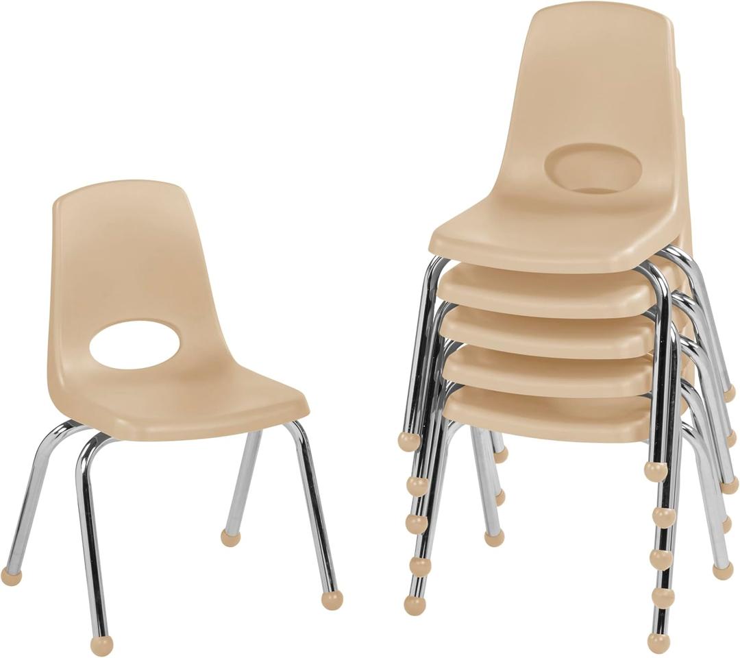 FDP 14" School Stack Chair, Stacking Student Seat with Chromed Steel Legs and Ball Glides For In-Home Learning or Classroom - Sand (6-Pack), 10363-SD