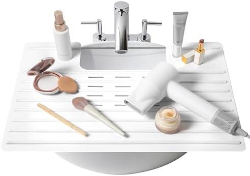 Maplefield Bathroom Sink Cover & Silicone Makeup Mat - White, 22 x 2 x 2 In - Heat Resistant to 400°F - Foldable Roll-Up Design with Raised Ridges - Space-Saving Countertop Mat