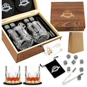 Whiskey Stones Gift Set - Whiskey Glass Set of 2 - Granite Chilling Whiskey Rocks - Scotch Bourbon Box Set -Father's Day Birthday Gifts for Men Drinking Gift for Dad Him Husband Party Holiday Present